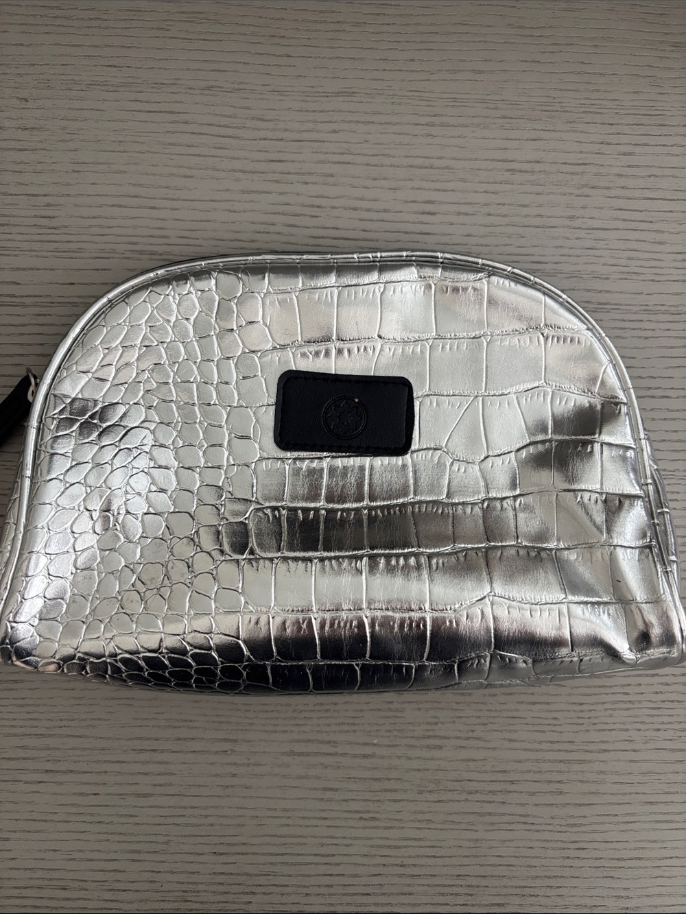 Club Pilates Croc-Embossed Metallic Silver Cosmetic Pouch